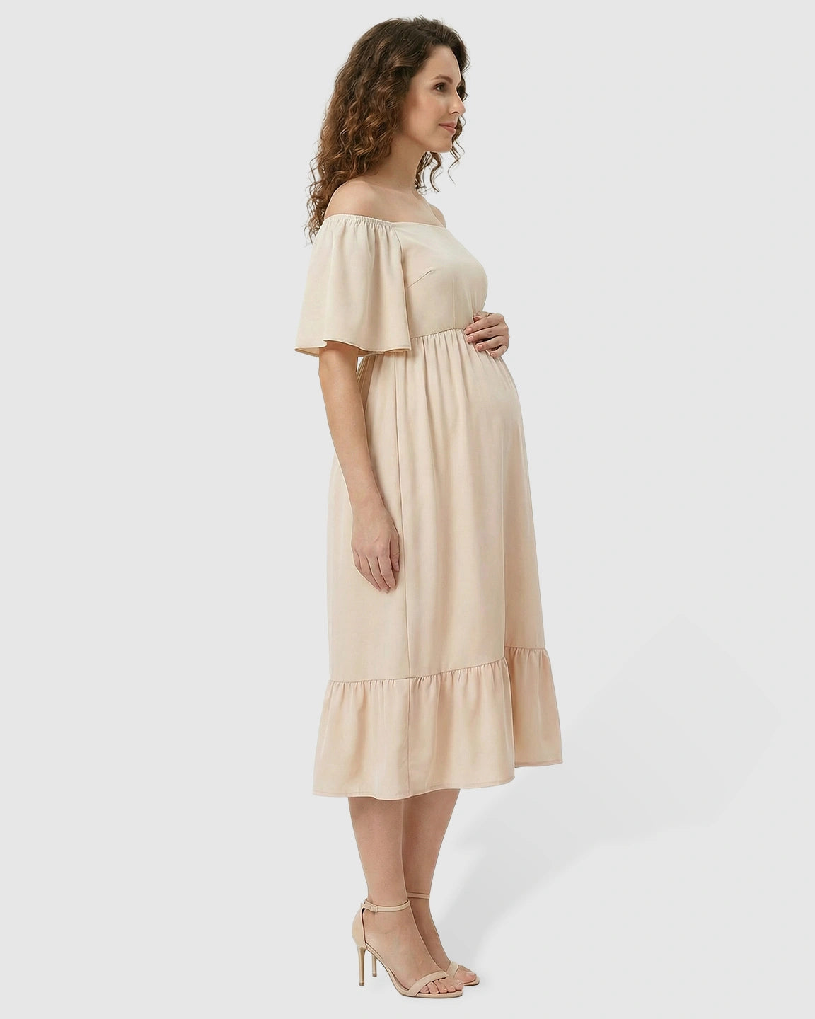 Flutter-Sleeve Smocked Maternity Midi Dress