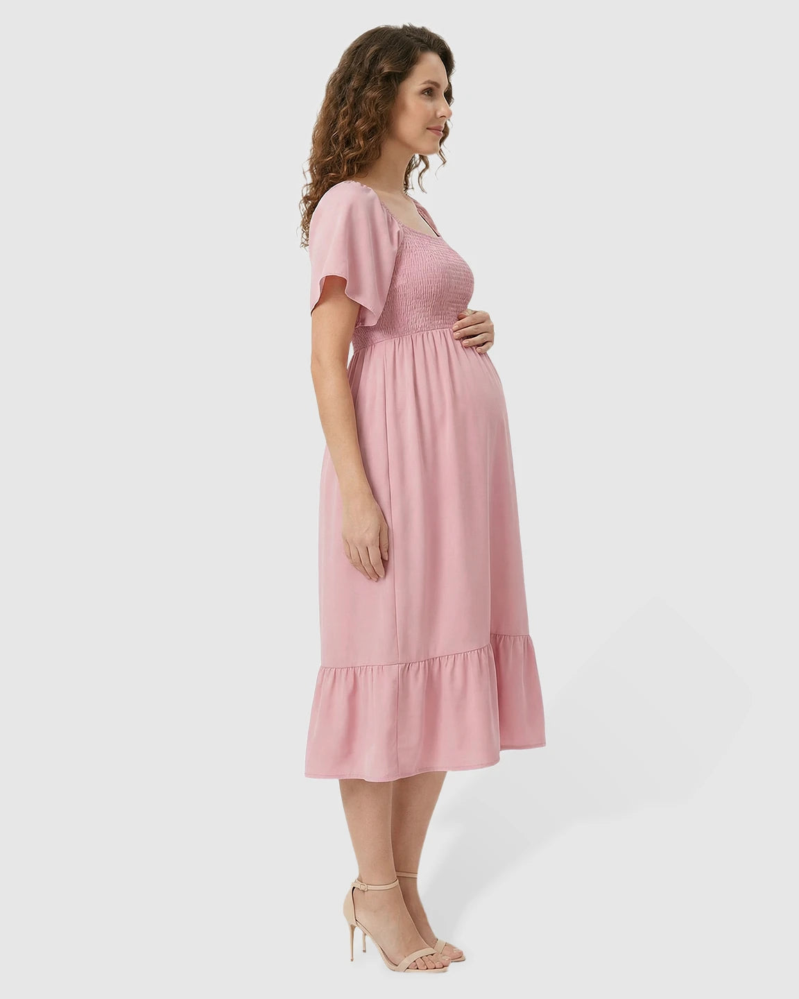 Flutter-Sleeve Smocked Maternity Midi Dress