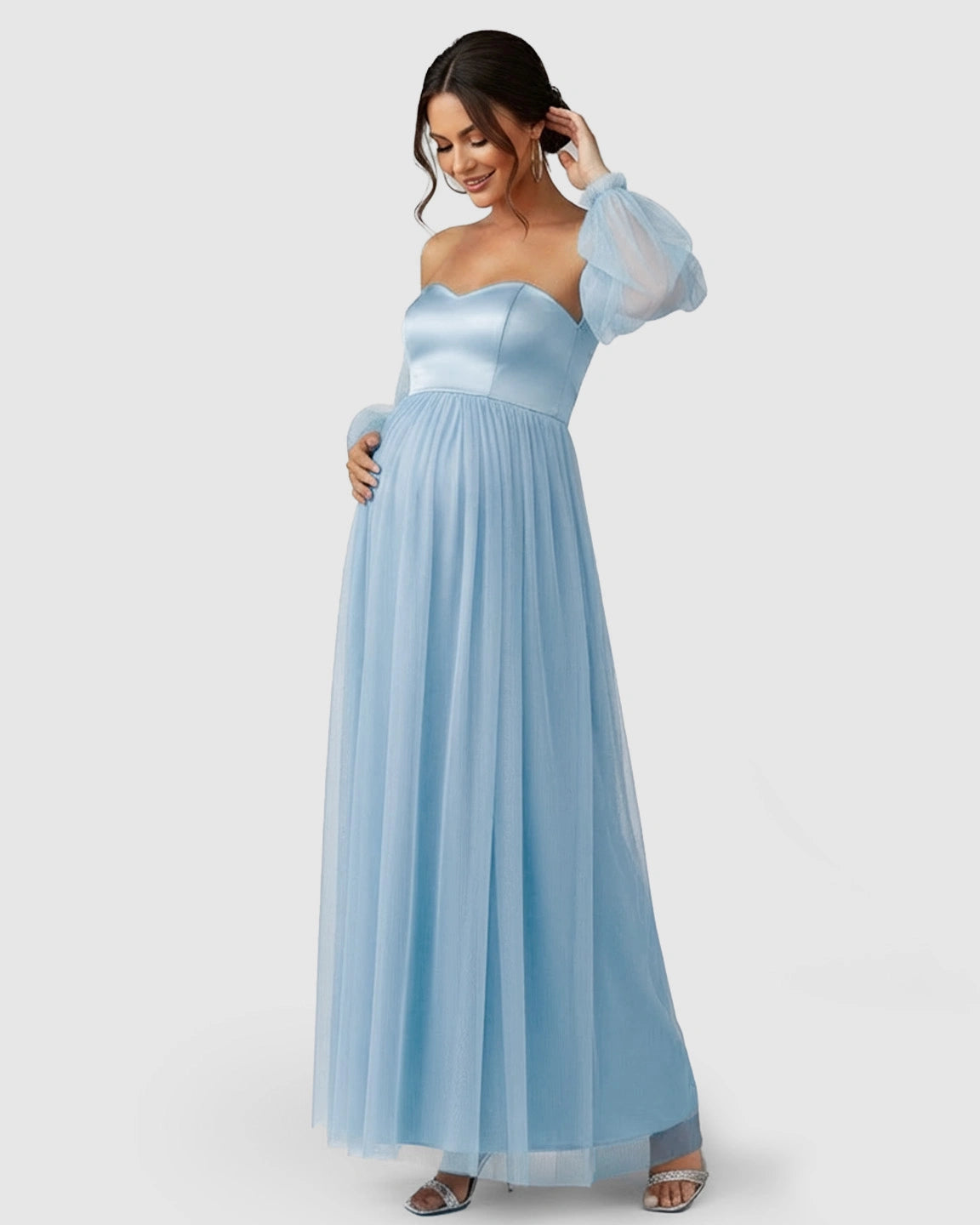 Off-Shoulder Mesh-Sleeve Maternity Gown