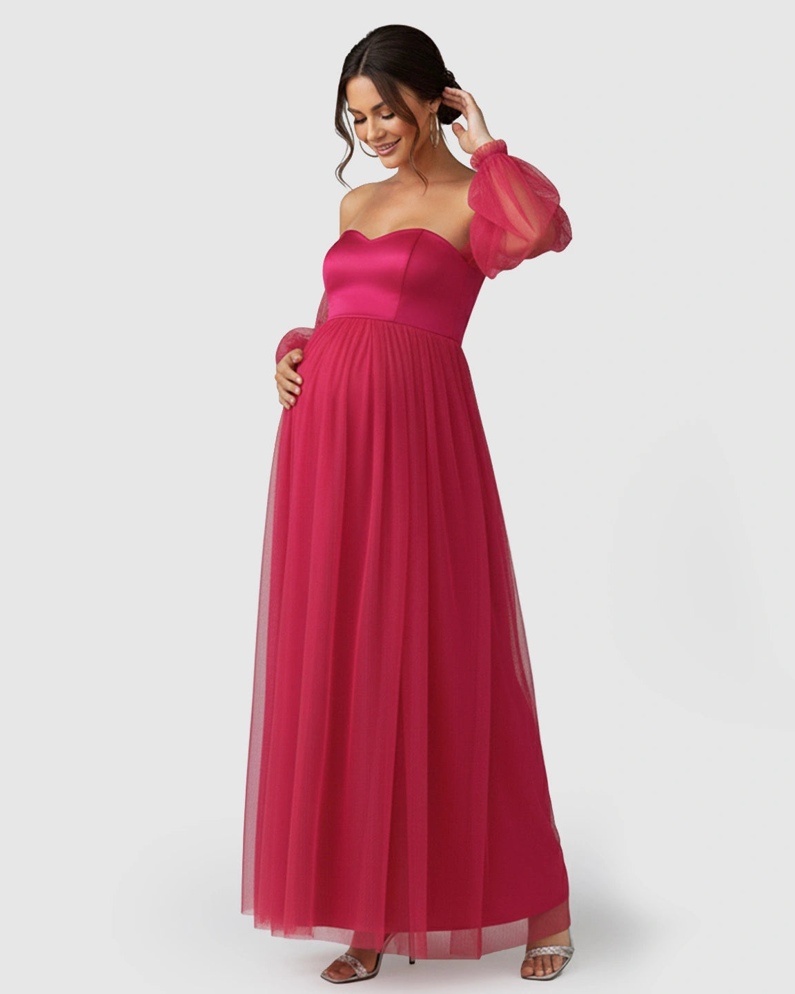 Off-Shoulder Mesh-Sleeve Maternity Gown