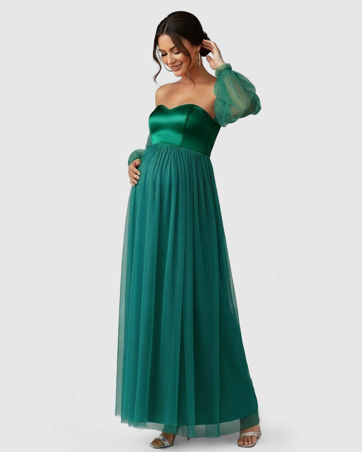 Off-Shoulder Mesh-Sleeve Maternity Gown