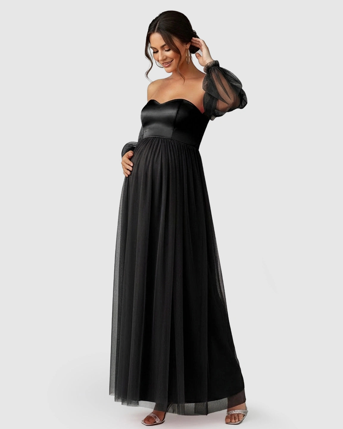 Off-Shoulder Mesh-Sleeve Maternity Gown