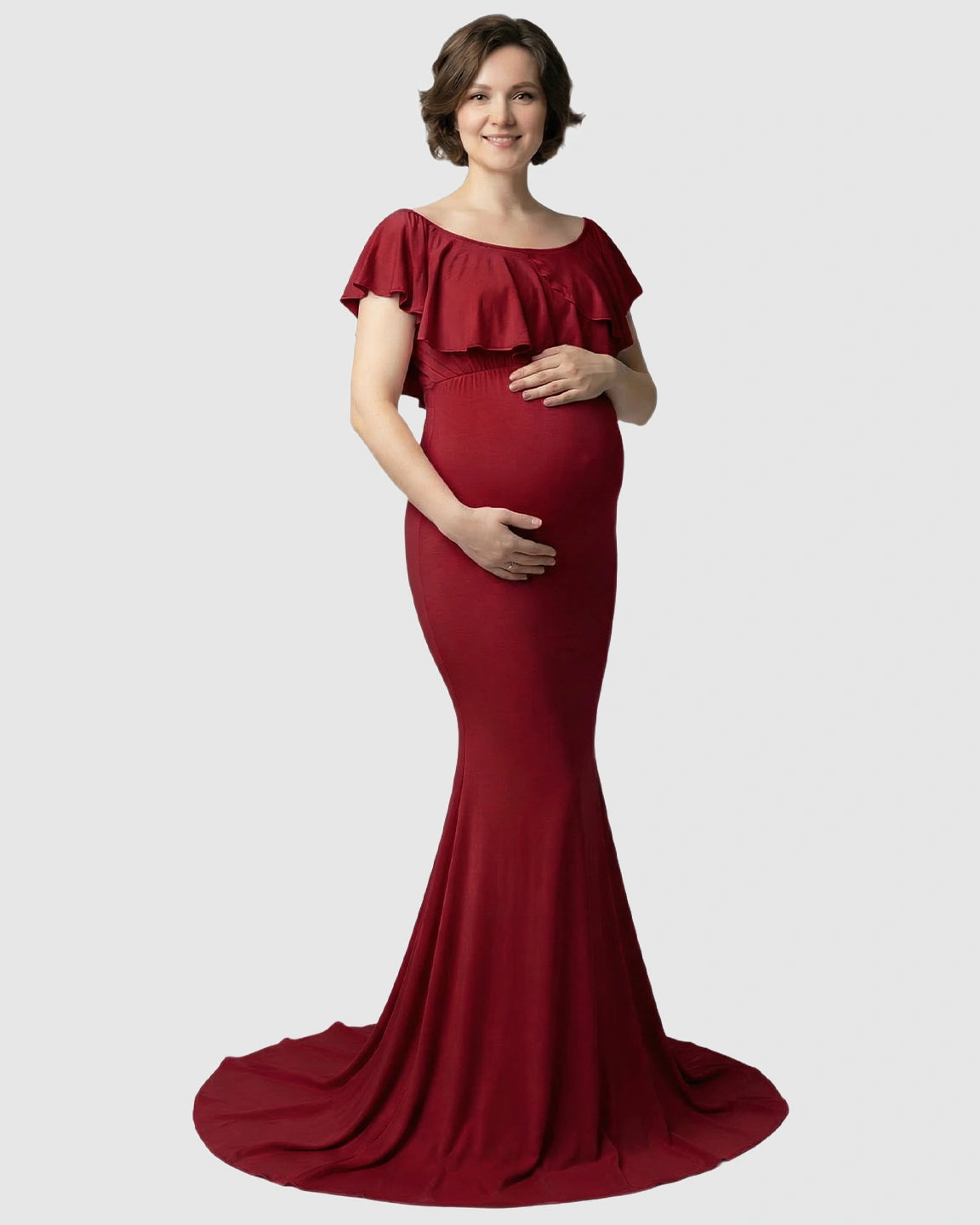 Ruffle-Off Shoulder Trailing Maternity Gown