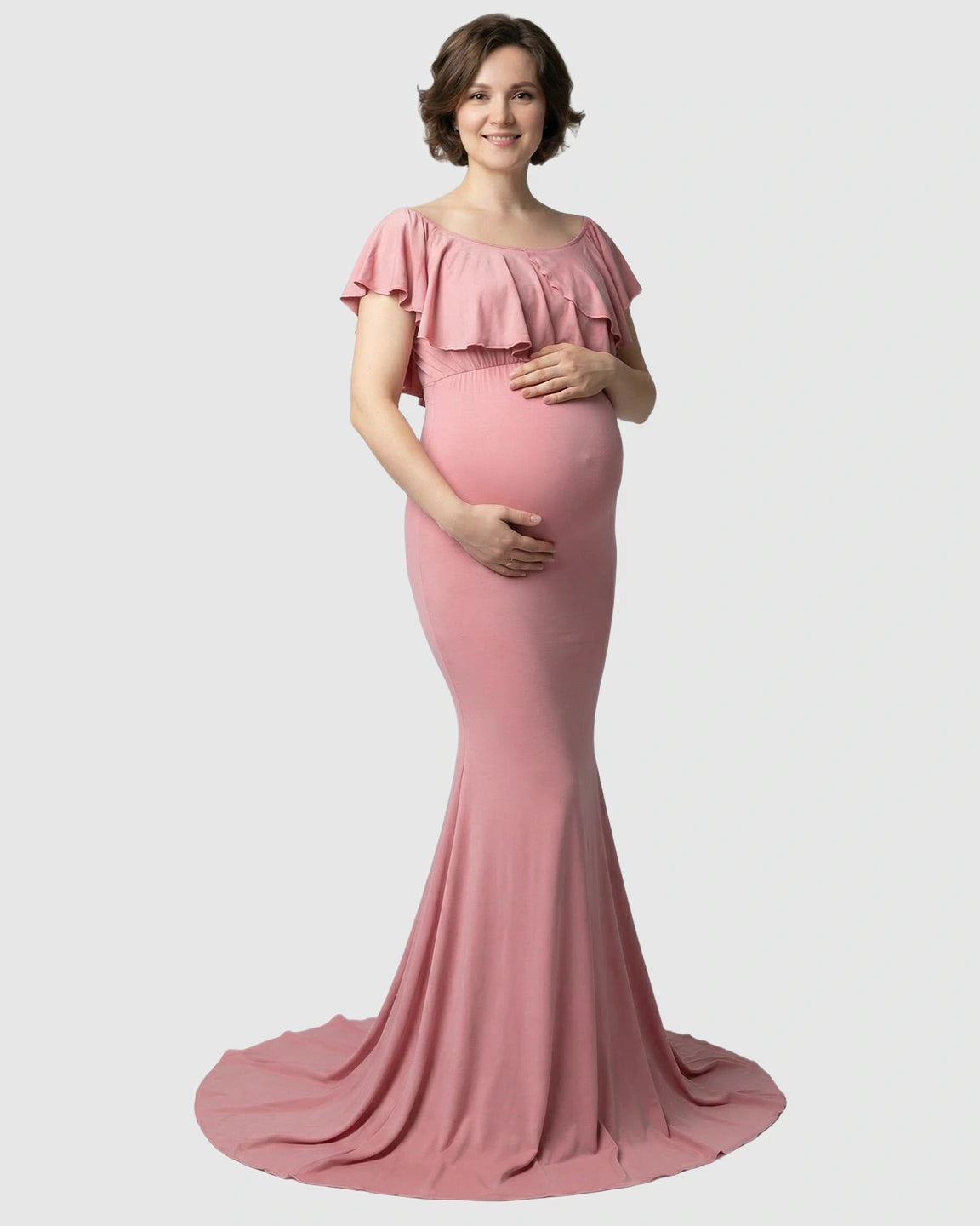 Ruffle-Off Shoulder Trailing Maternity Gown