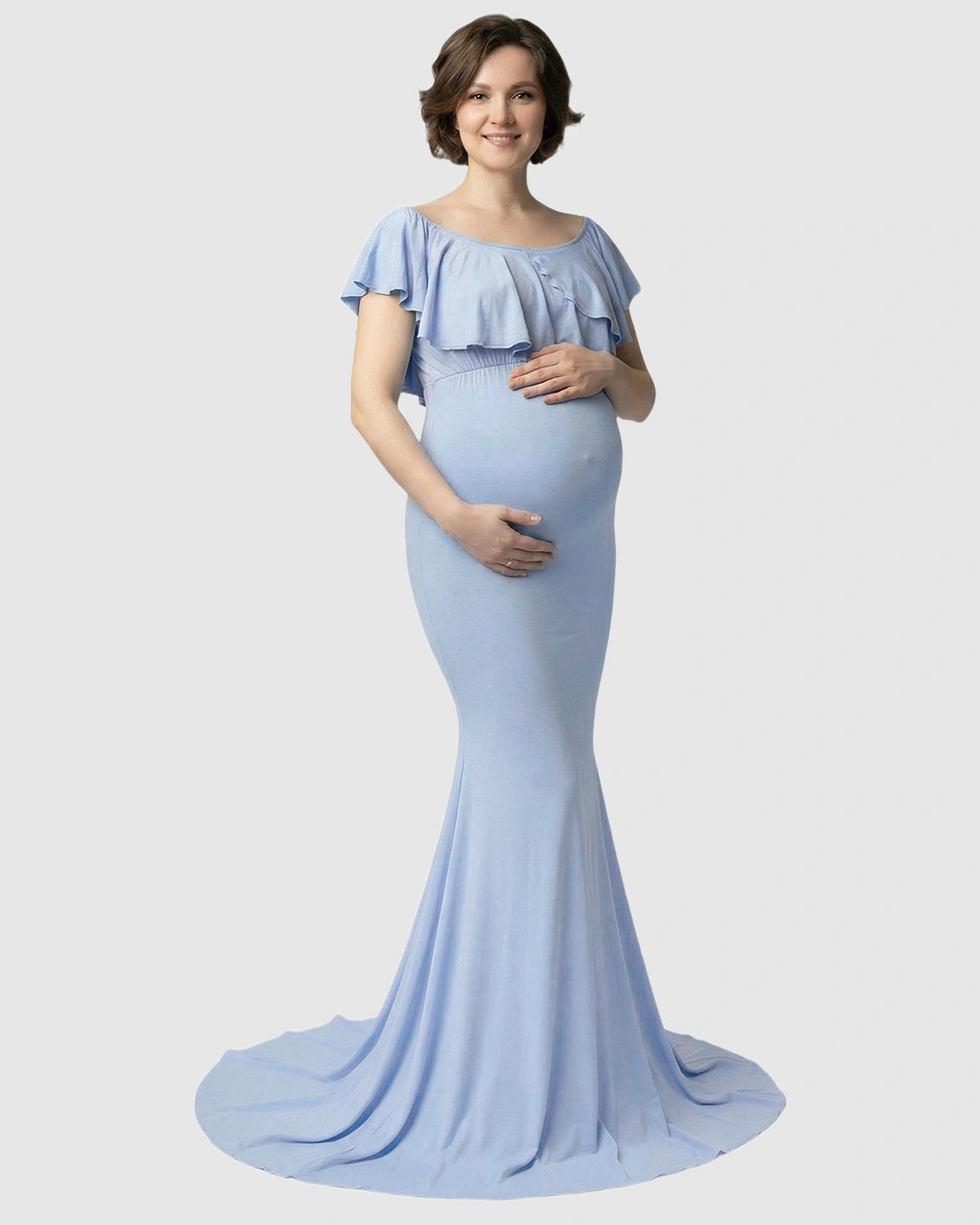 Ruffle-Off Shoulder Trailing Maternity Gown