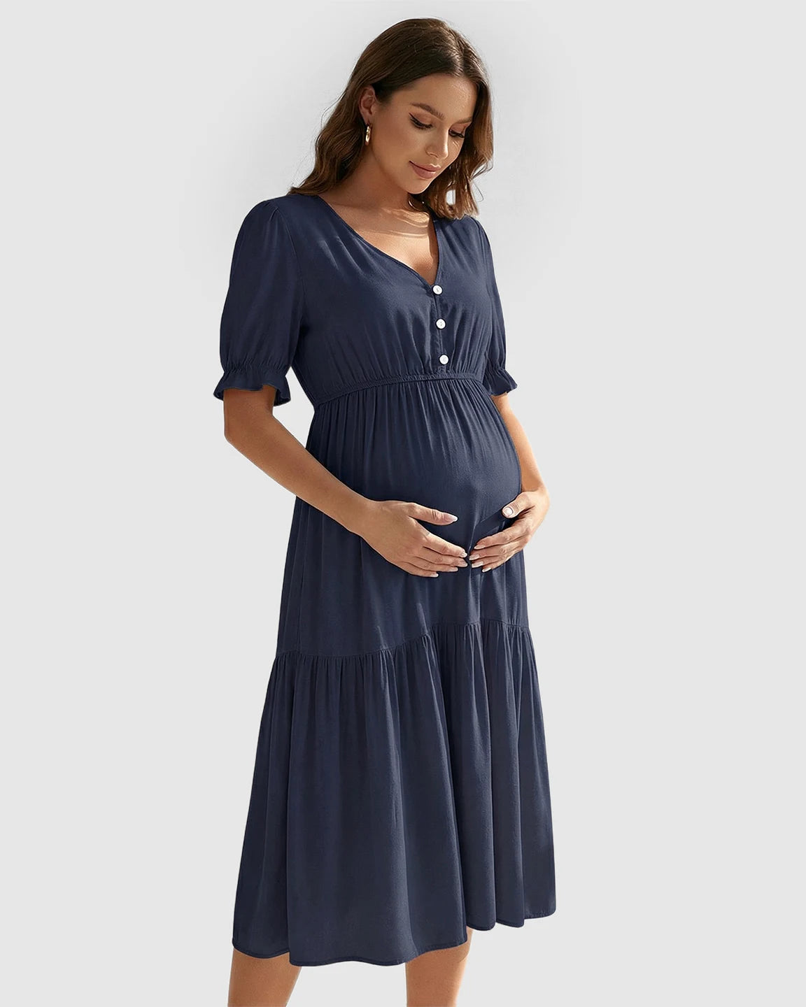 V-Neck Puff Sleeve Maternity Midi Dress