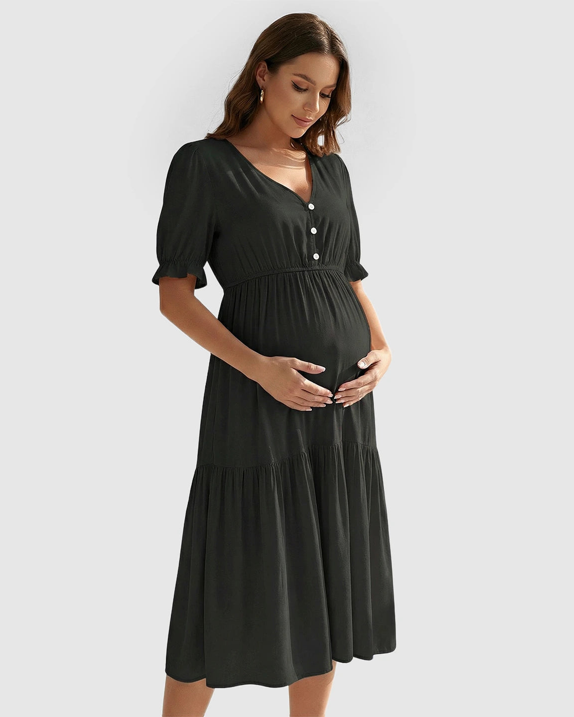 V-Neck Puff Sleeve Maternity Midi Dress