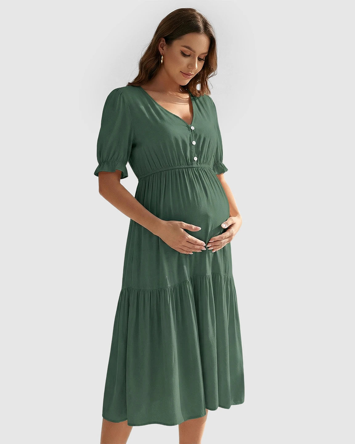 V-Neck Puff Sleeve Maternity Midi Dress