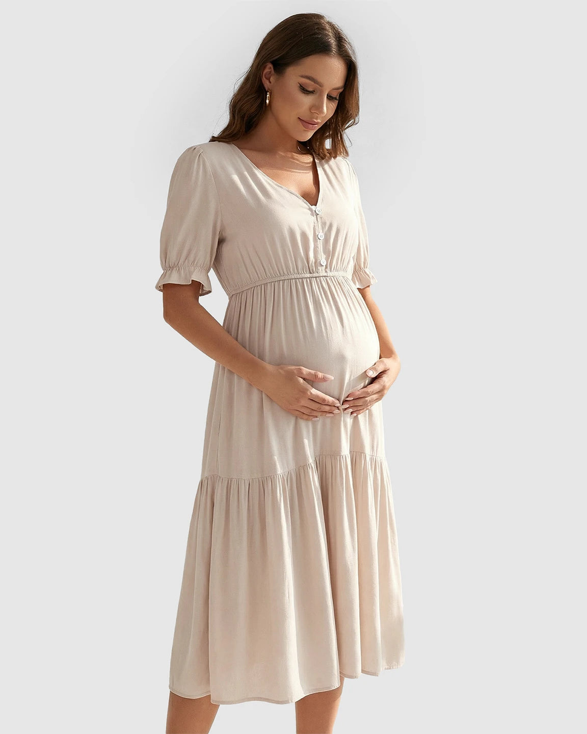 V-Neck Puff Sleeve Maternity Midi Dress