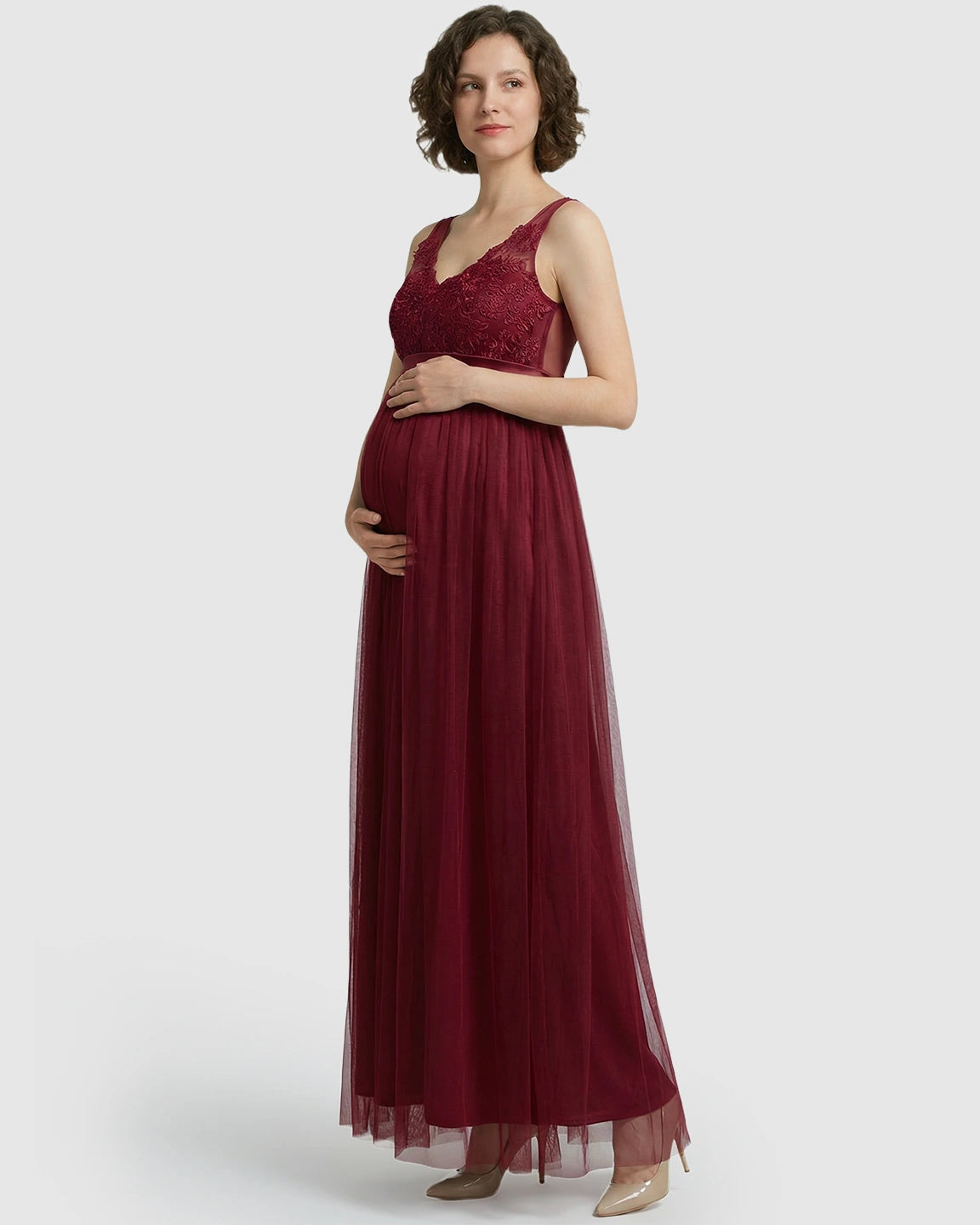Lace-Trim Tulle Maternity Maxi Dress