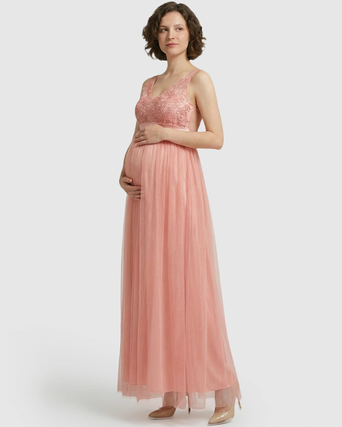 Lace-Trim Tulle Maternity Maxi Dress