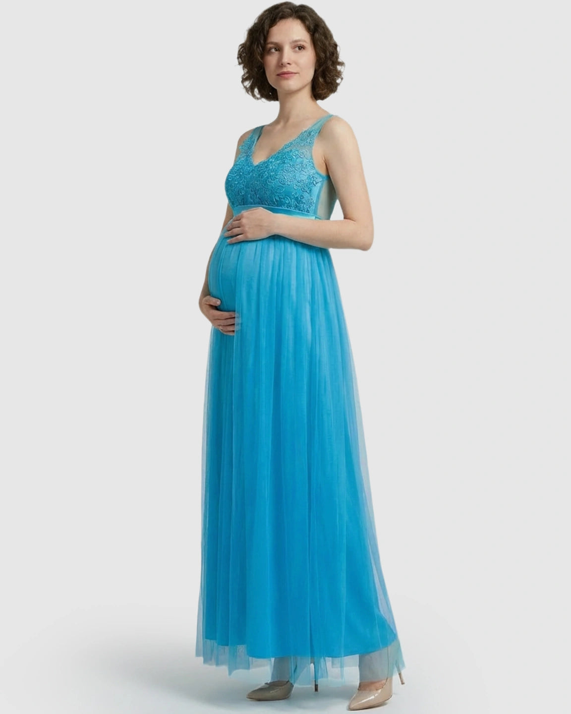 Lace-Trim Tulle Maternity Maxi Dress
