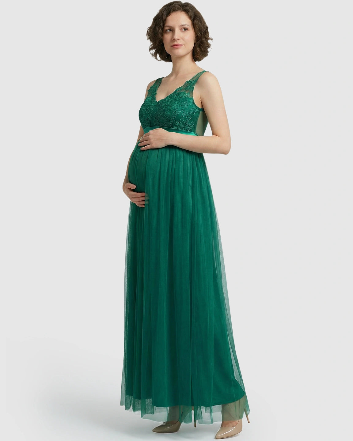 Lace-Trim Tulle Maternity Maxi Dress