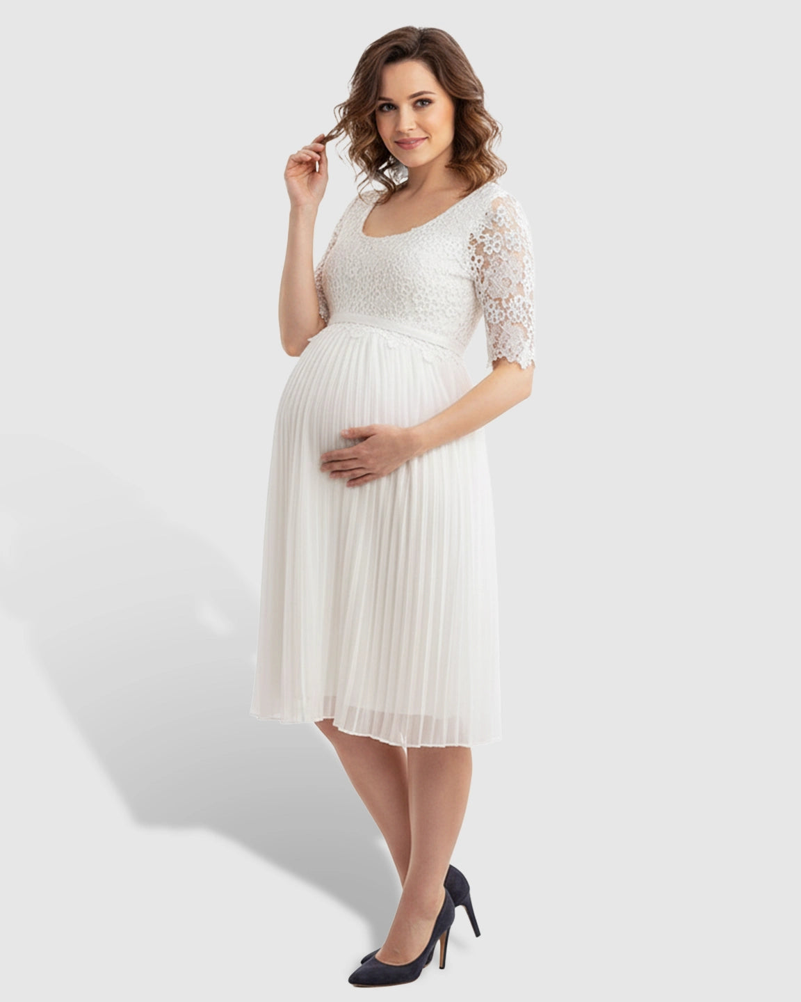 Lace Bodice Pleated Maternity Midi Dress