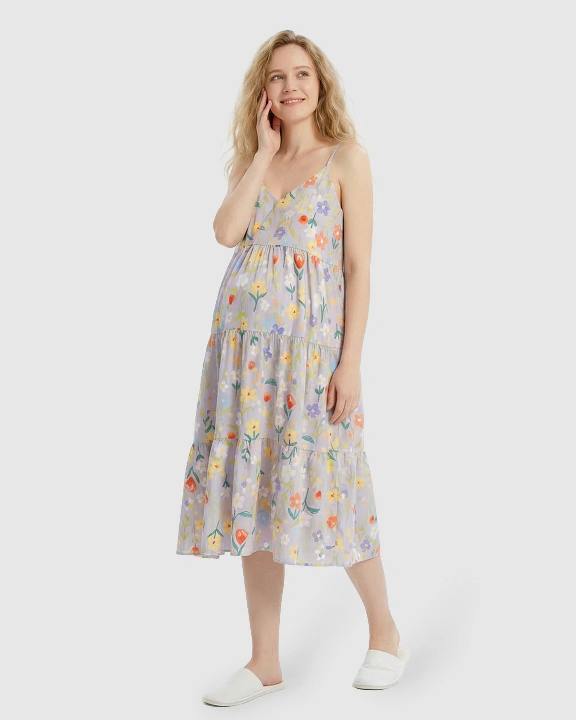 Spaghetti Strap Colorful Flowers Print Maternity Nightdress