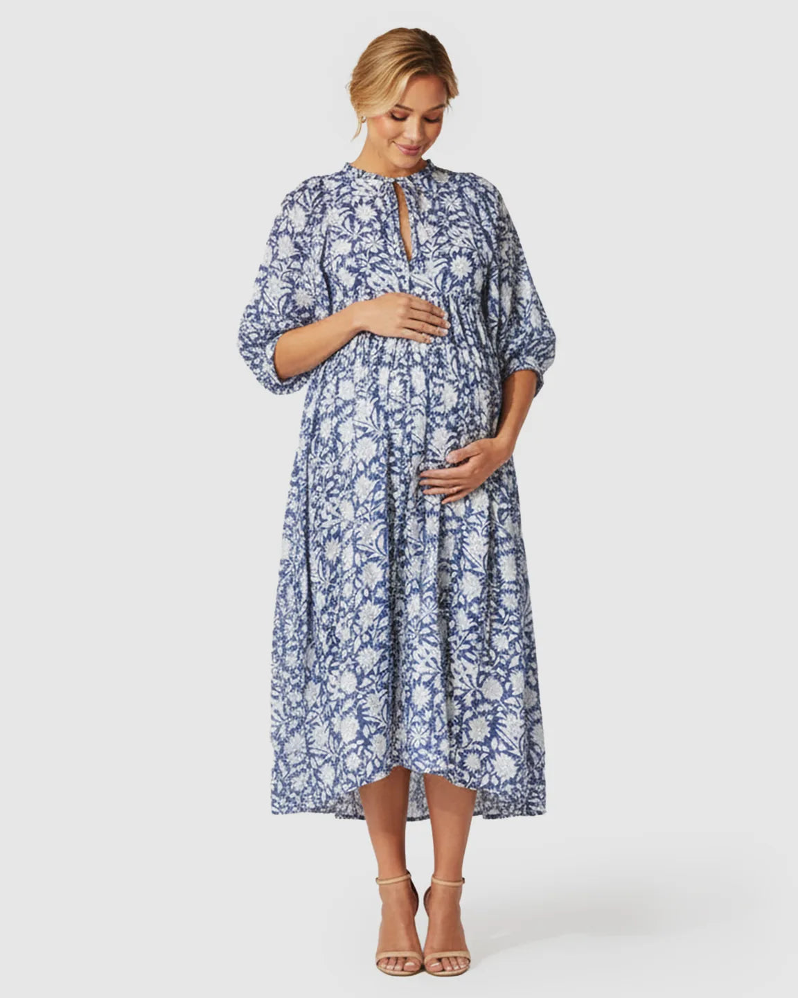 Gathered Shoulder Floral Loose Fit Maternity Midi Dress