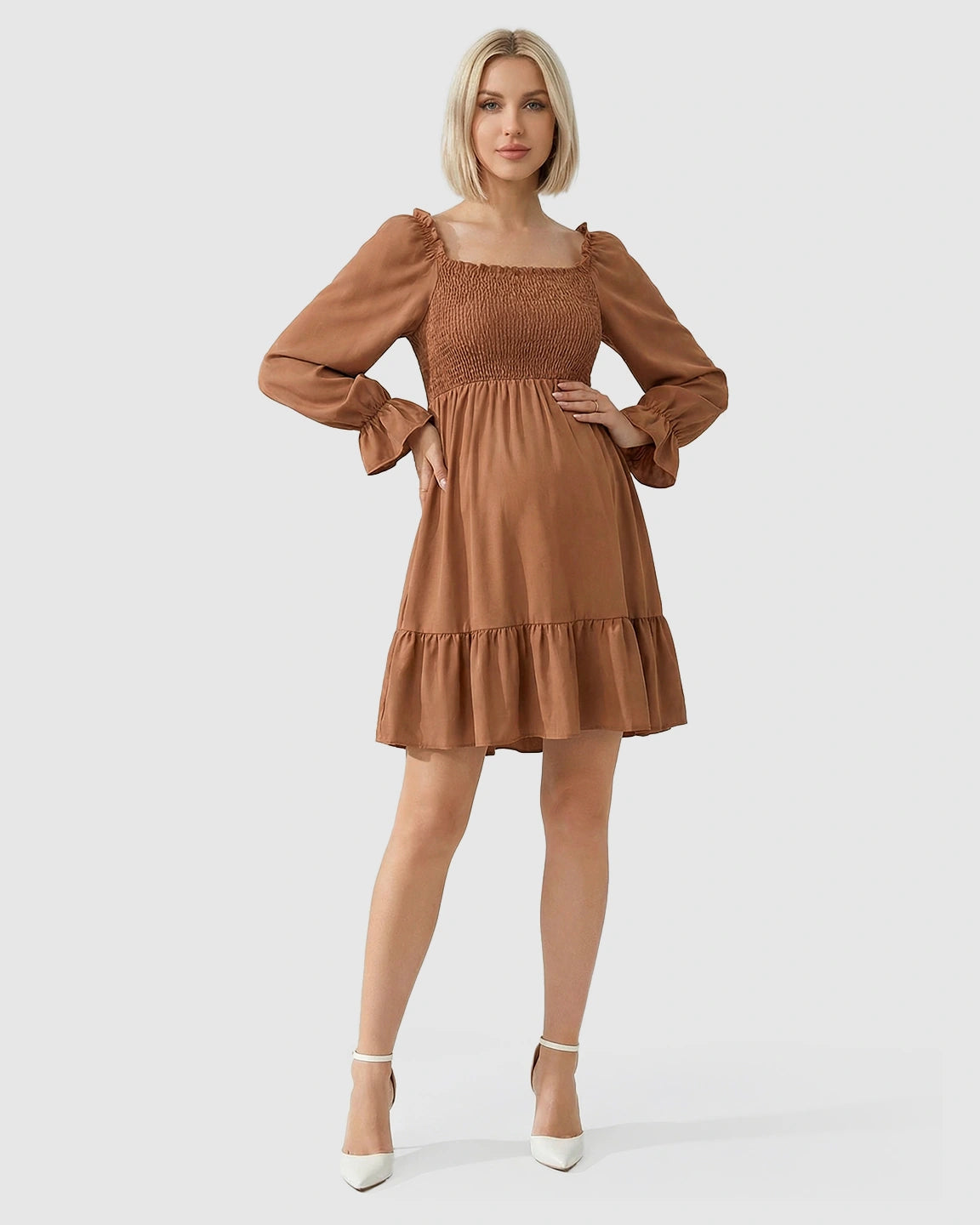 Flared Sleeve Smocked Babydoll Maternity Dress