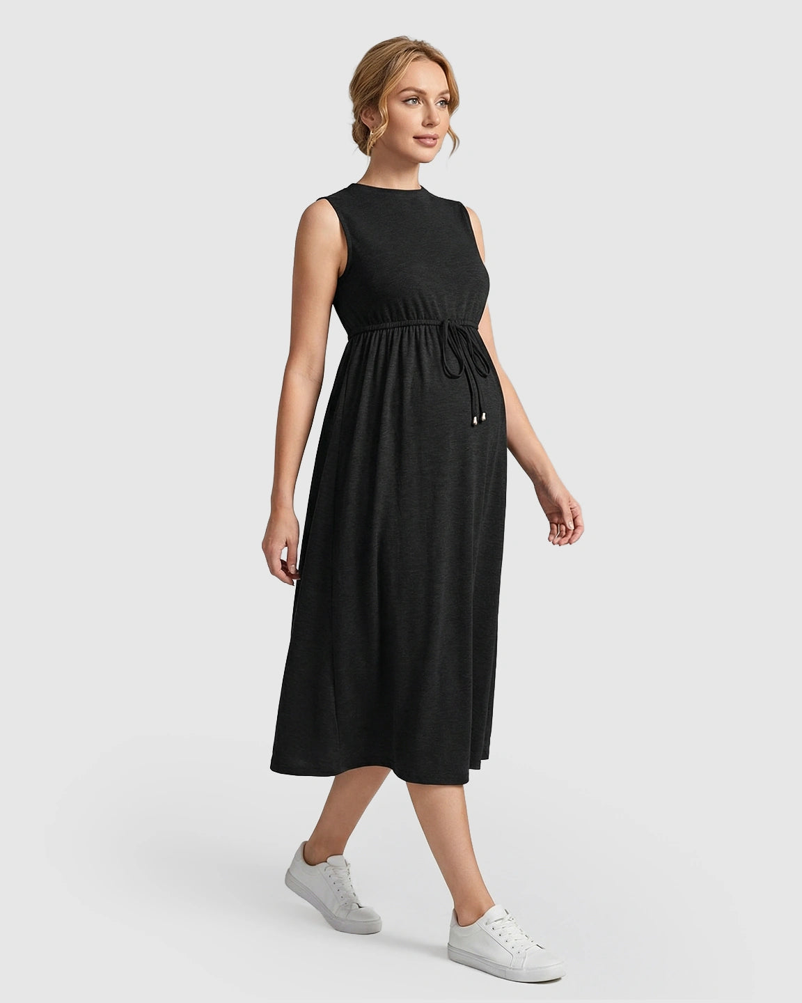 Drawstring Waist Sleeveless Maternity Midi Dress