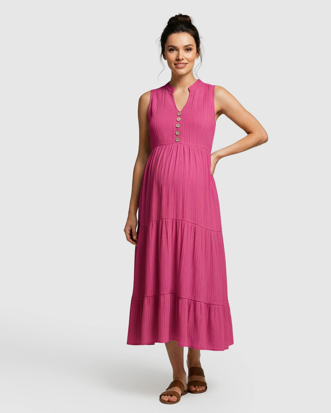 Button-Front Detail Tiered Maternity Midi Dress
