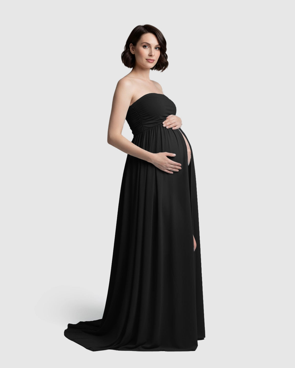 Strapless Ruched Front Slit Maternity Photoshoot Dress