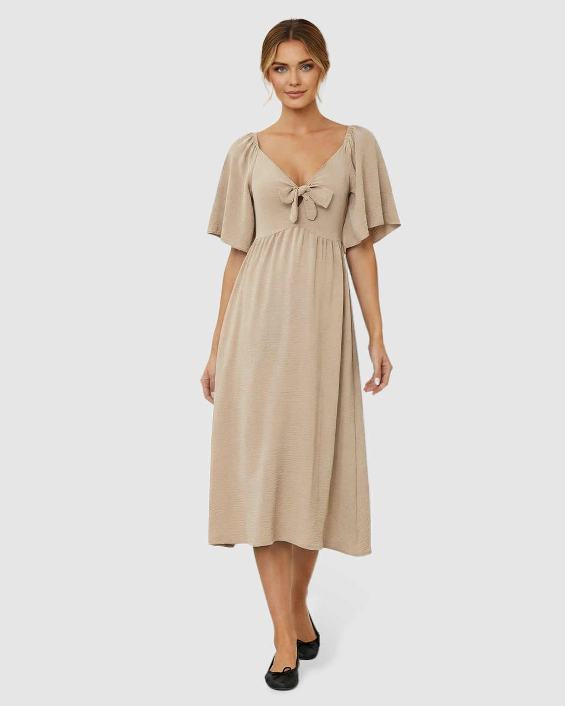 Tie-Knot Front Swing Silhouette Maternity Midi Dress