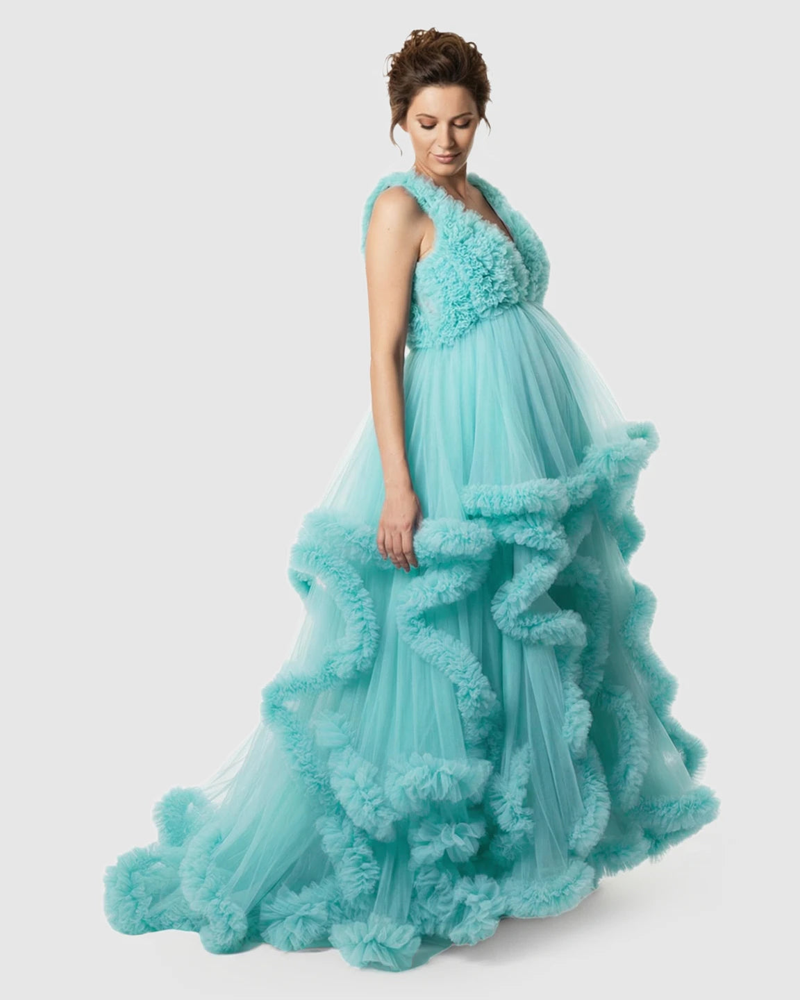 Ruffled Bodice Multi-Layer Mesh Pleats Maternity Gown