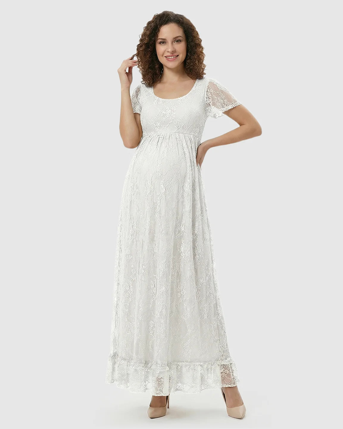 Ruffled Hem Floral Lace Maternity Photoshoot Dress