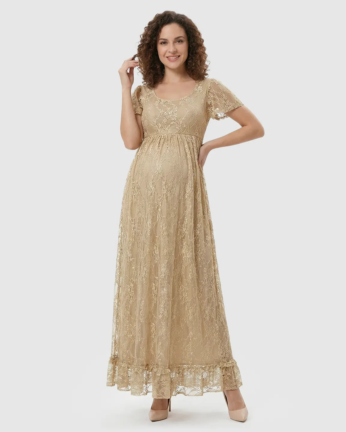 Ruffled Hem Floral Lace Maternity Photoshoot Dress