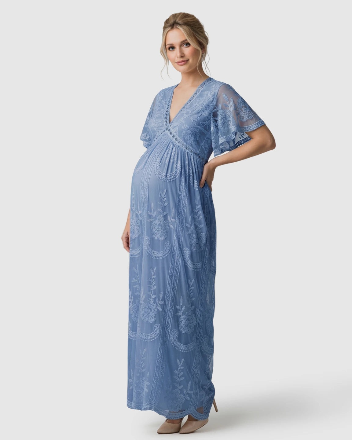 Sheer-Lace Romantic Maternity Maxi Dress