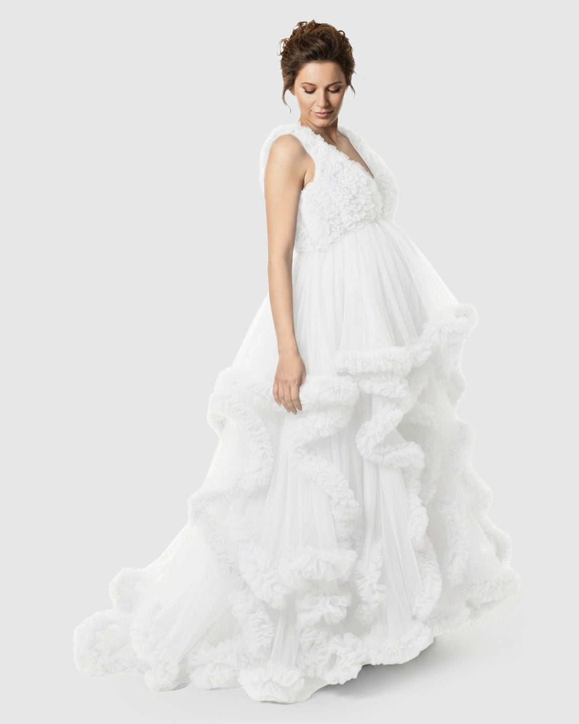 Ruffled Bodice Multi-Layer Mesh Pleats Maternity Gown