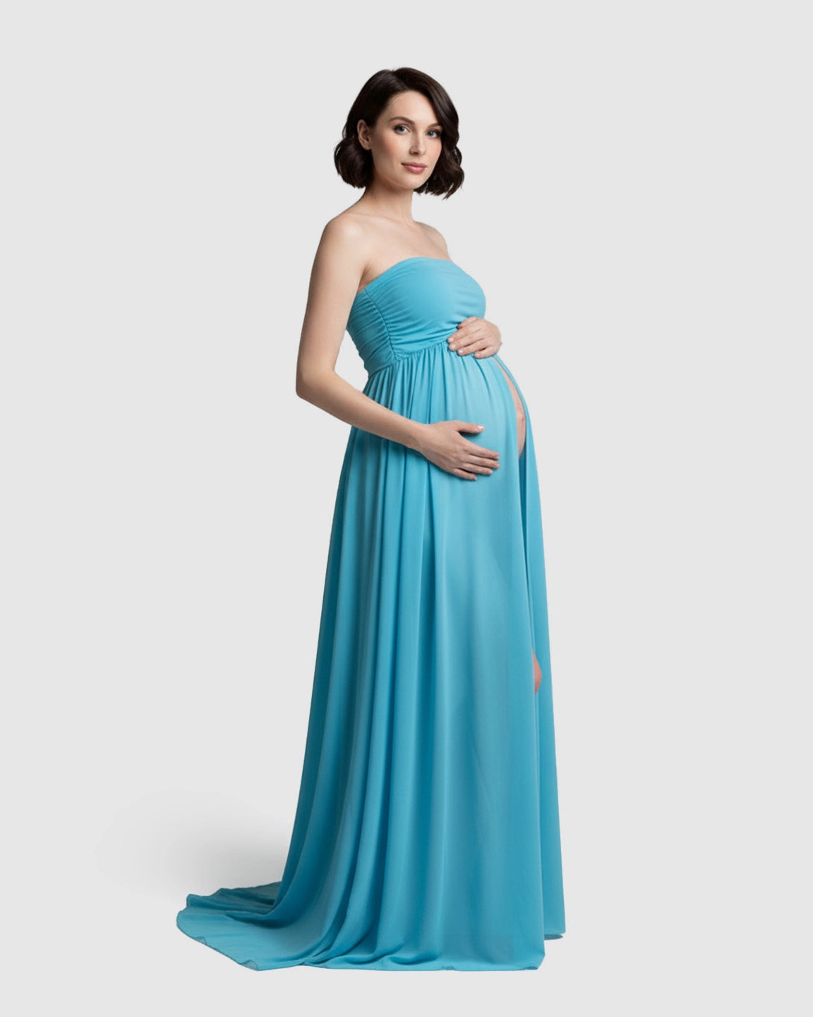 Strapless Ruched Front Slit Maternity Photoshoot Dress