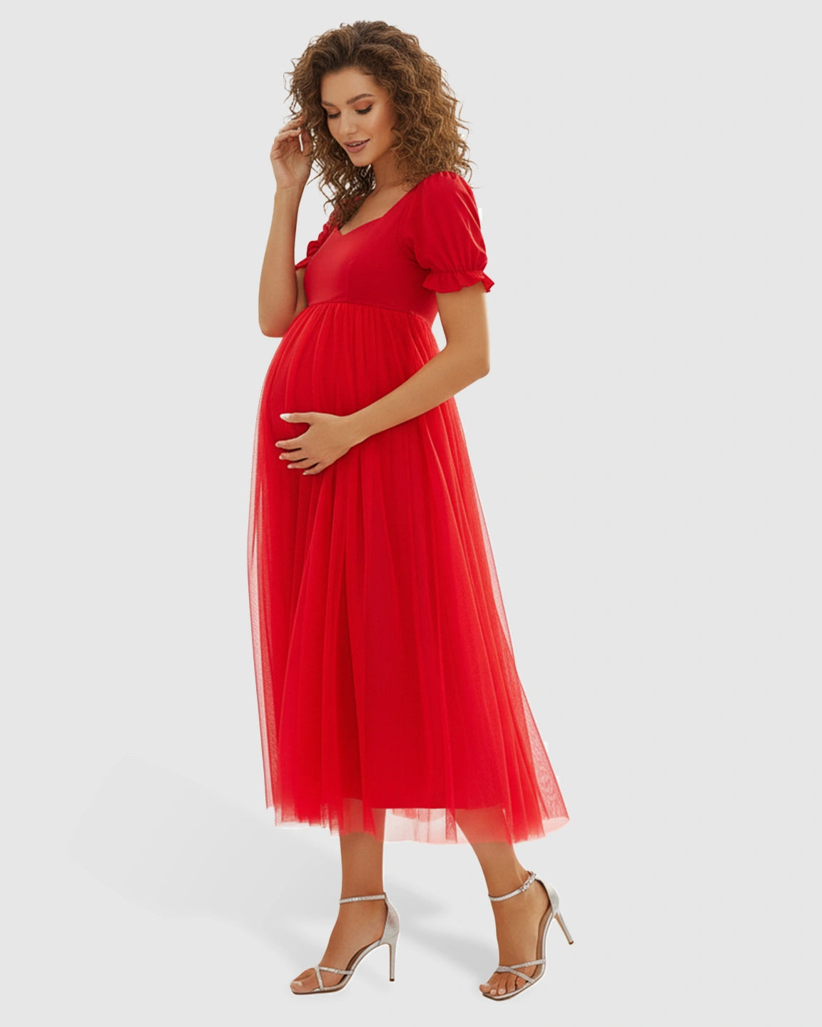 Soft Mesh Layers Romantic Maternity Midi Dress