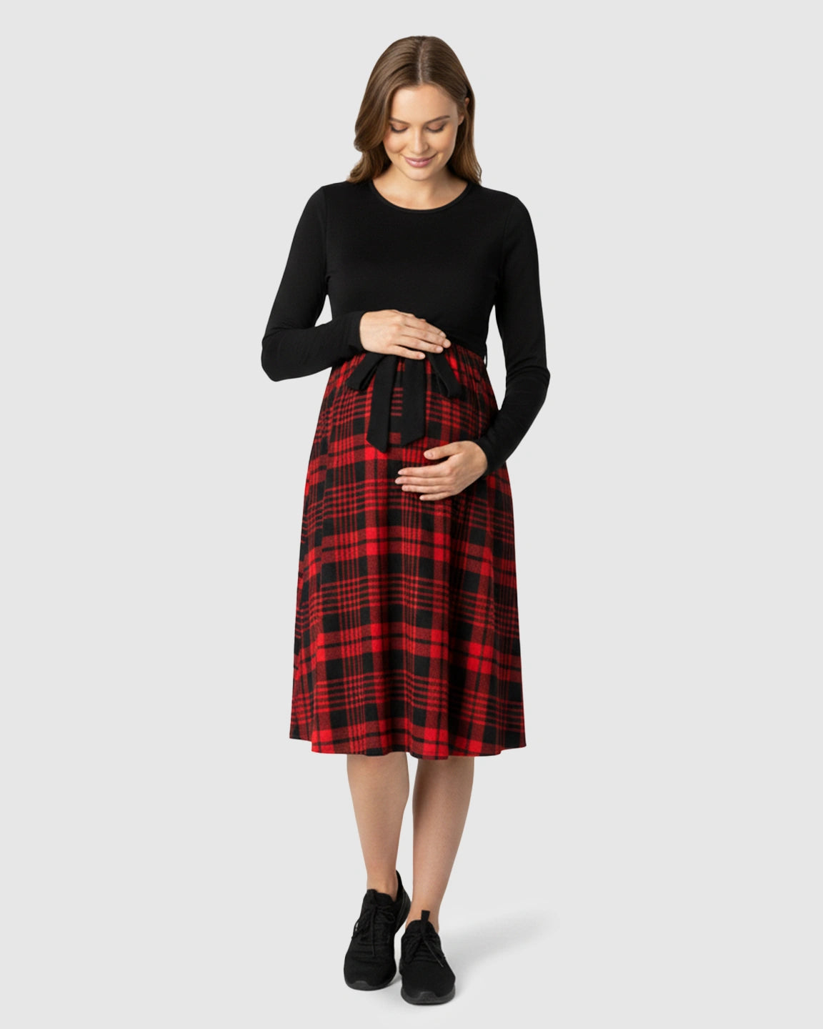 Plaid High-Waist Long Sleeve Nursing Maternity Dress