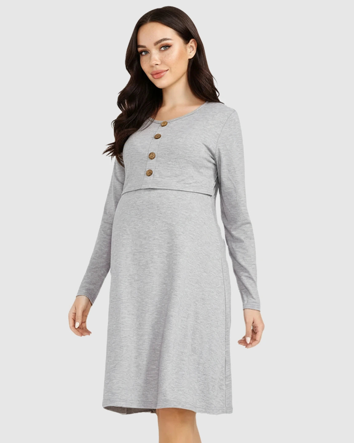 Button-Front Empire Waist Long Sleeve Nursing Dress