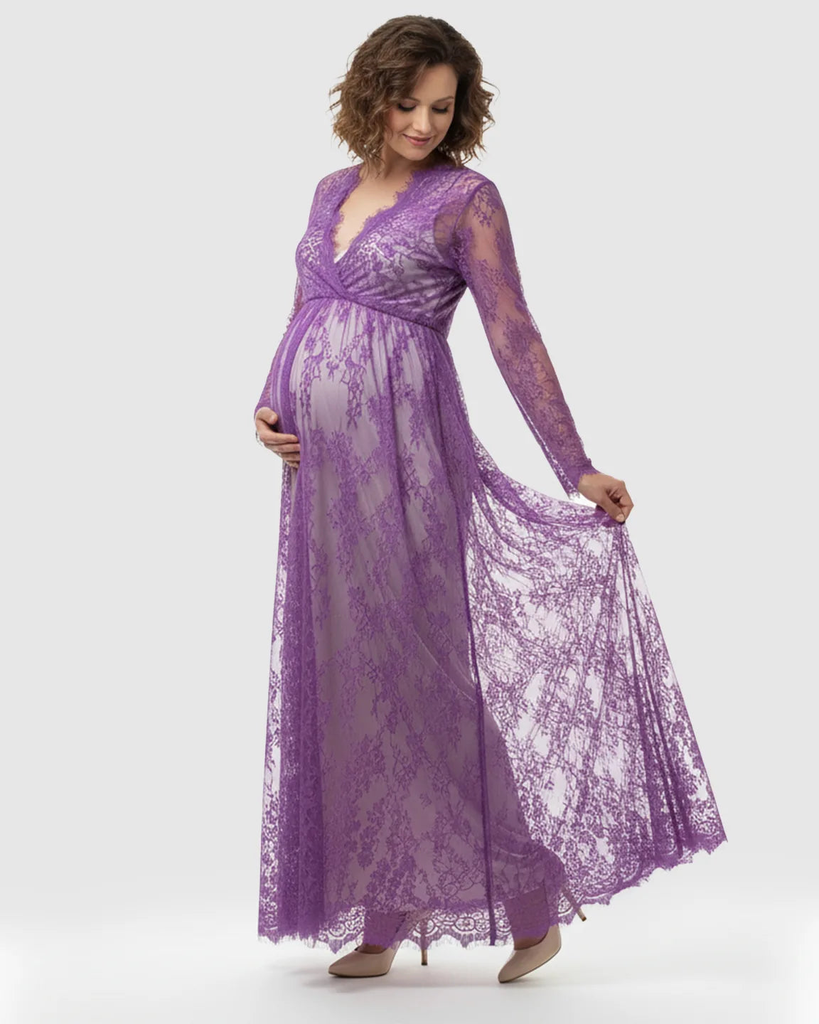 Sheer Floral Lace Empire Waist Maternity Maxi Dress