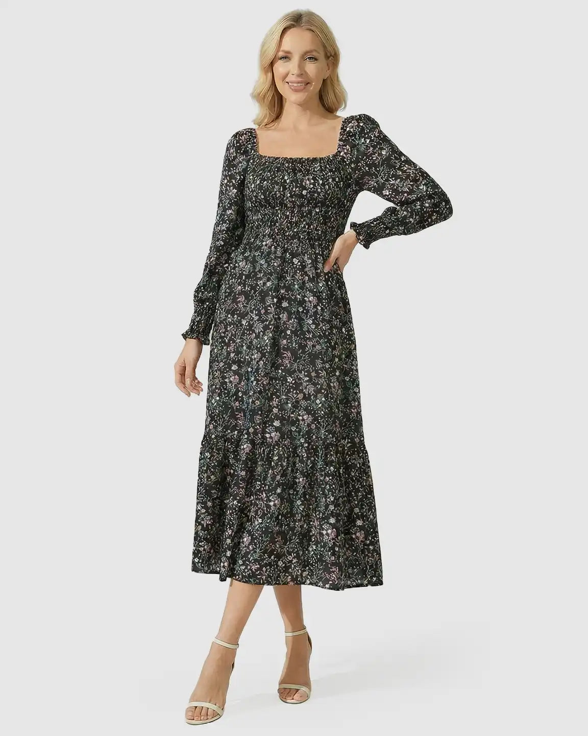Smocked Floral Maternity Midi Dress