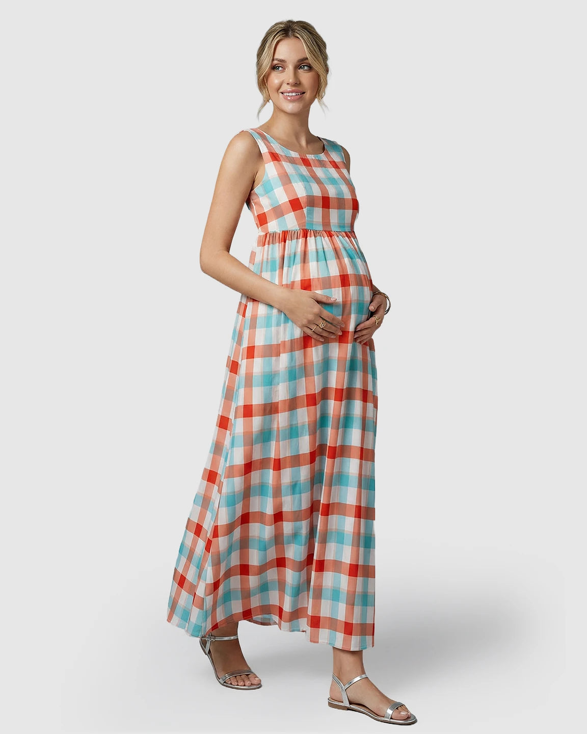 Tie-Back Plaid Pattern Maternity Maxi Dress