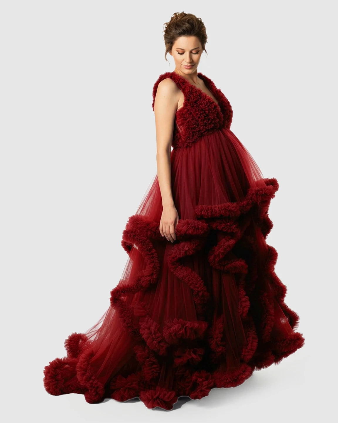 Ruffled Bodice Multi-Layer Mesh Pleats Maternity Gown