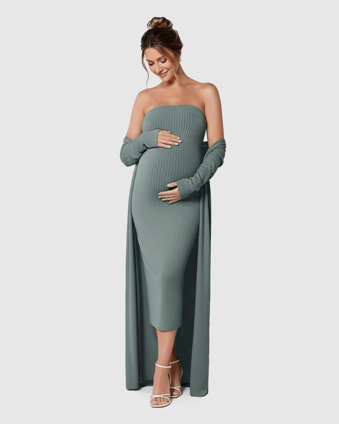 Elegant Ribbed Two-Piece Maternity Dress with Cardigan