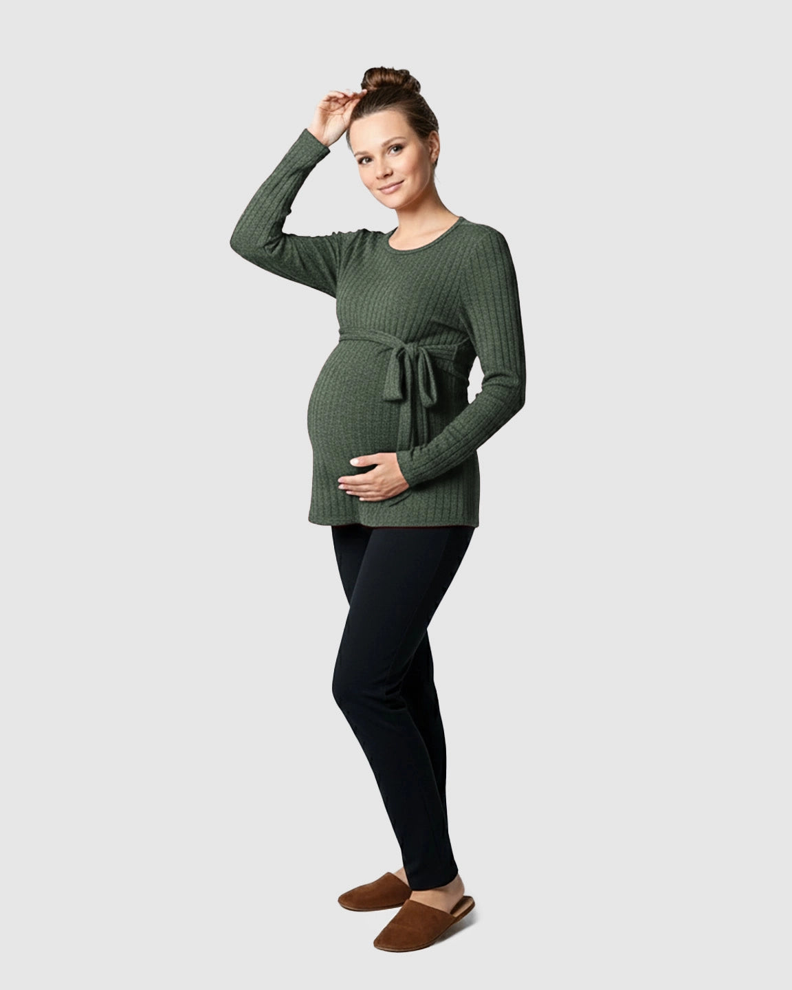 Ribbed Knit Tie-Waist Long Sleeve Maternity Top