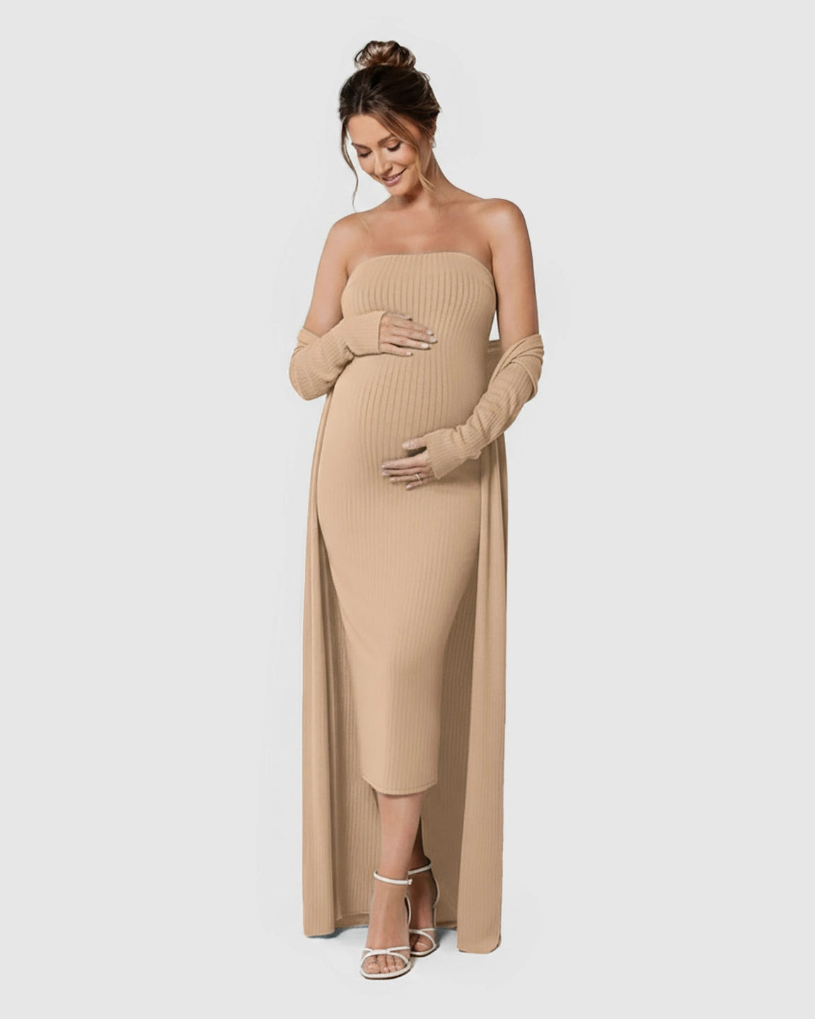 Elegant Ribbed Two-Piece Maternity Dress with Cardigan