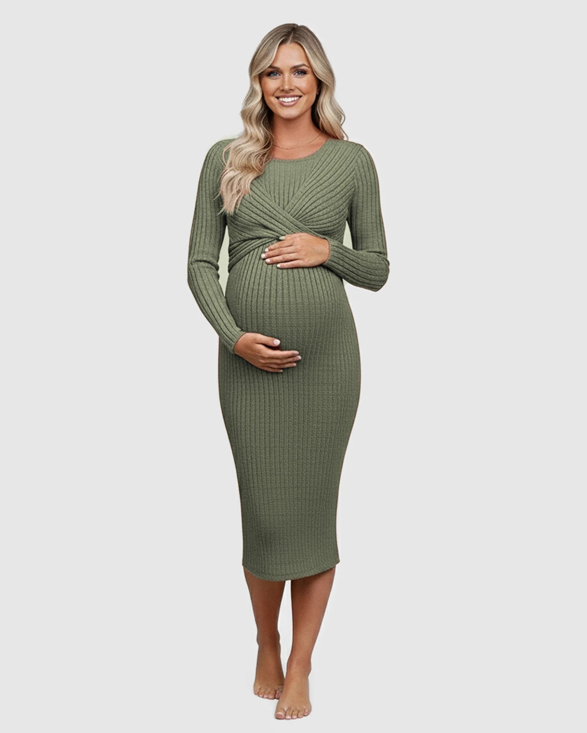 Knot Front Long Sleeve Maternity Midi Dress