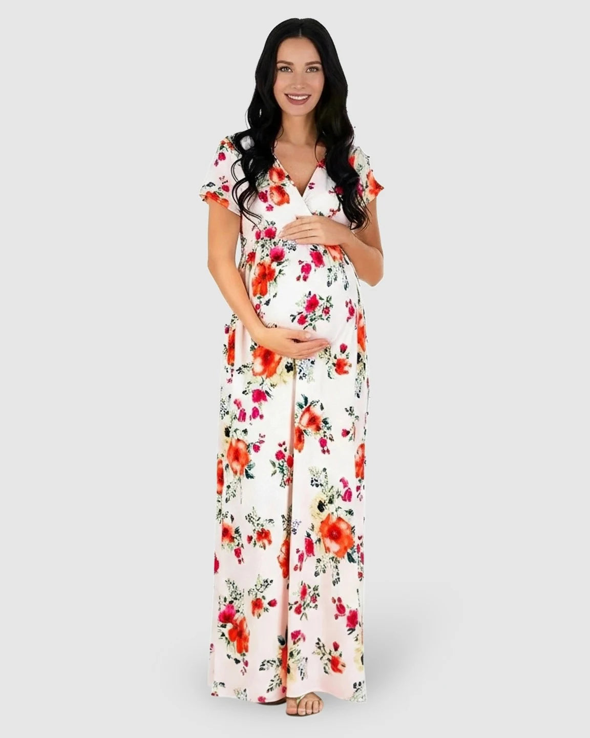 Floral V-Neck Short Sleeve Maternity Maxi Dress