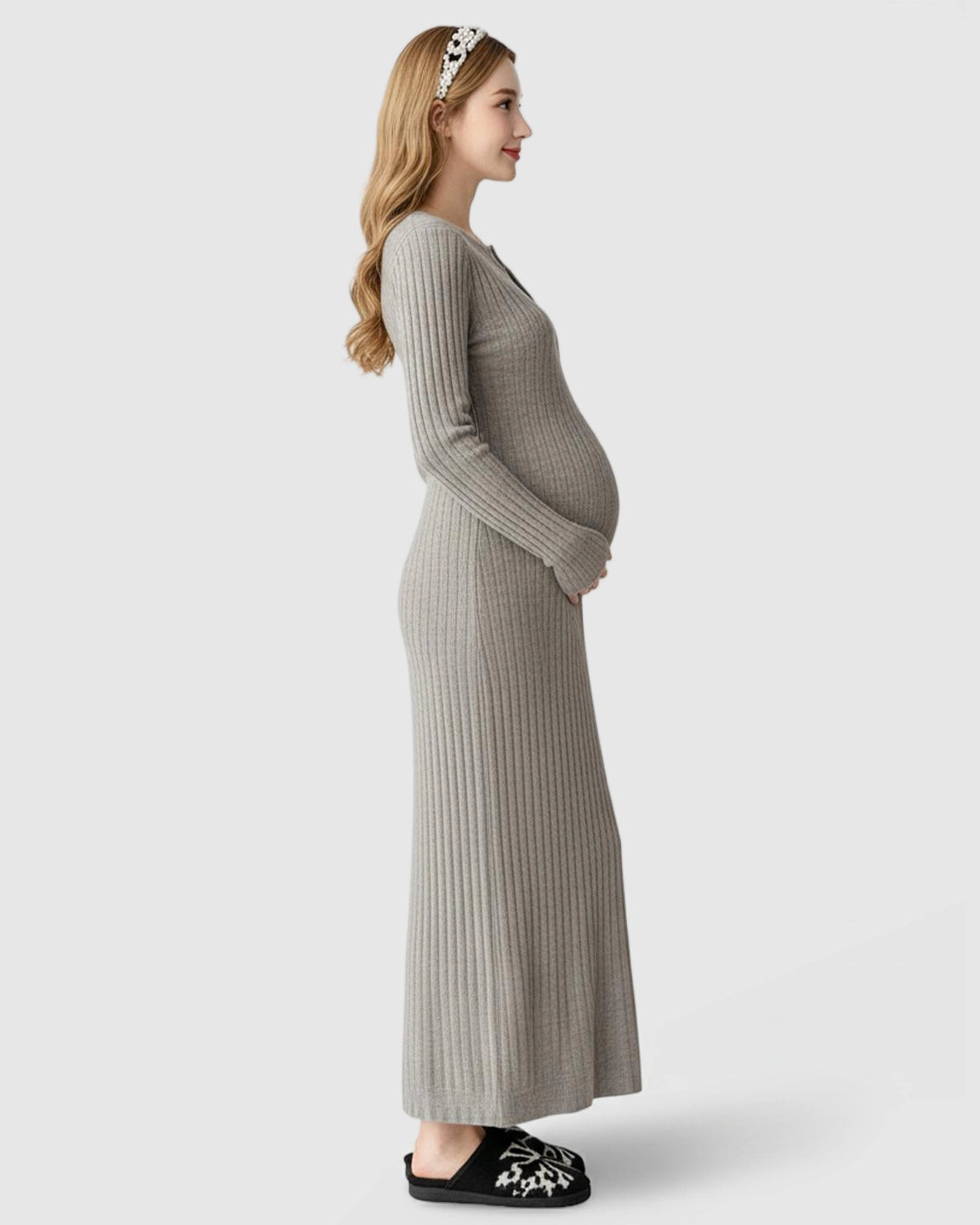 Ribbed Knit A-Line Long Sleeve Maternity Maxi Dress