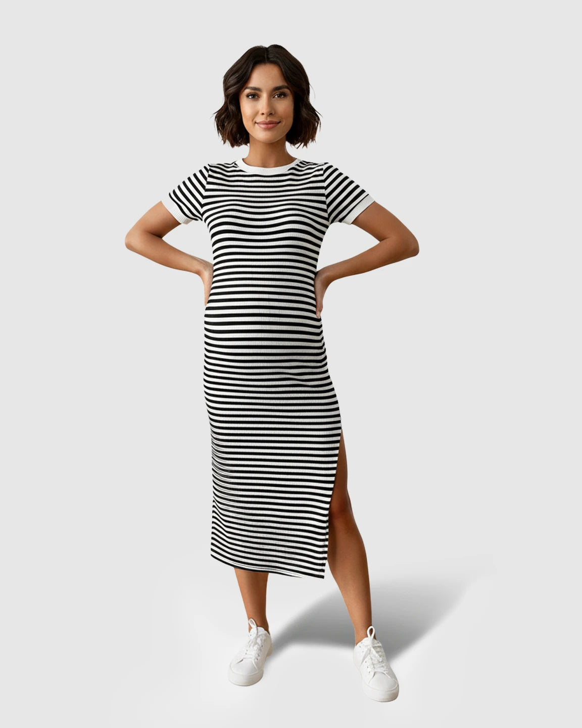 Striped Slim-Fit Maternity Midi Dress with Side Slit