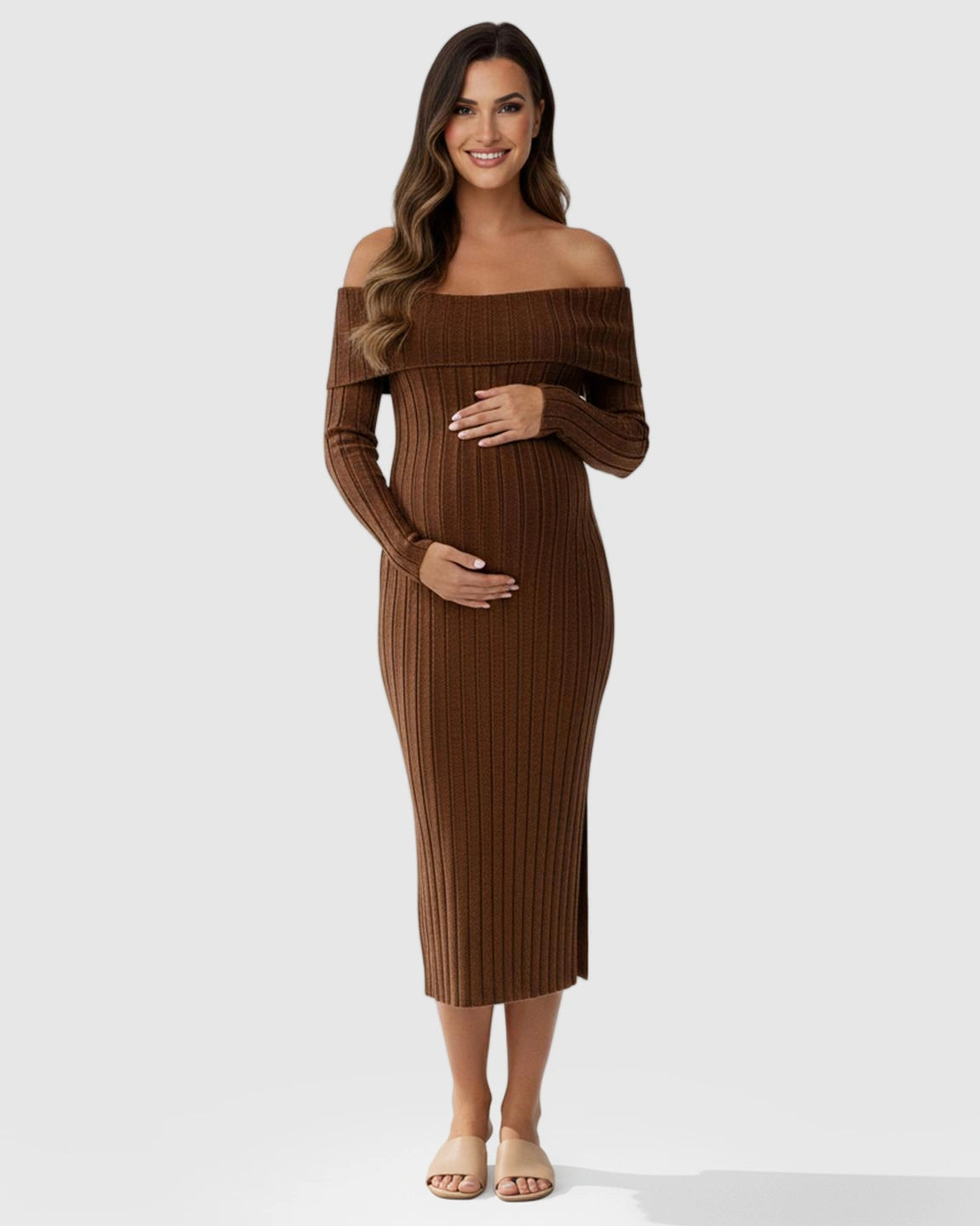 Ribbed Off-Shoulder Bodycon Maternity Midi Dress with Side Slit