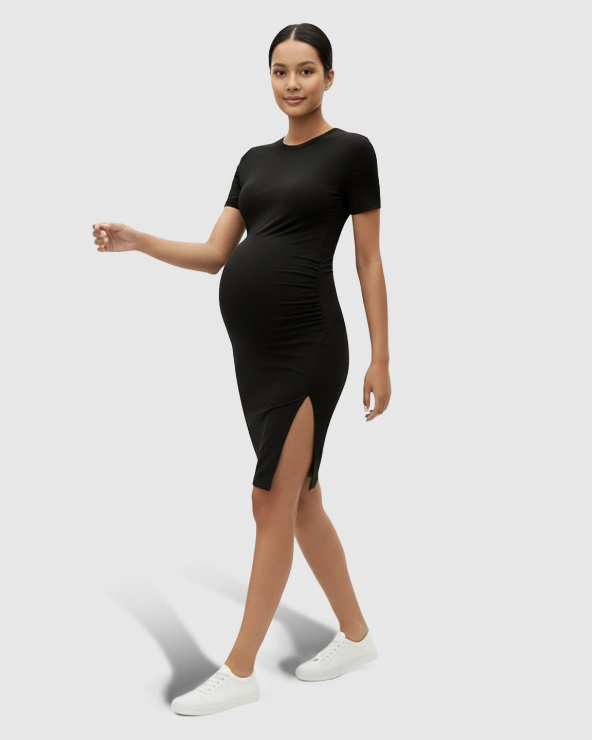 Short Sleeve Bodycon Maternity Midi Dress with Side Slit