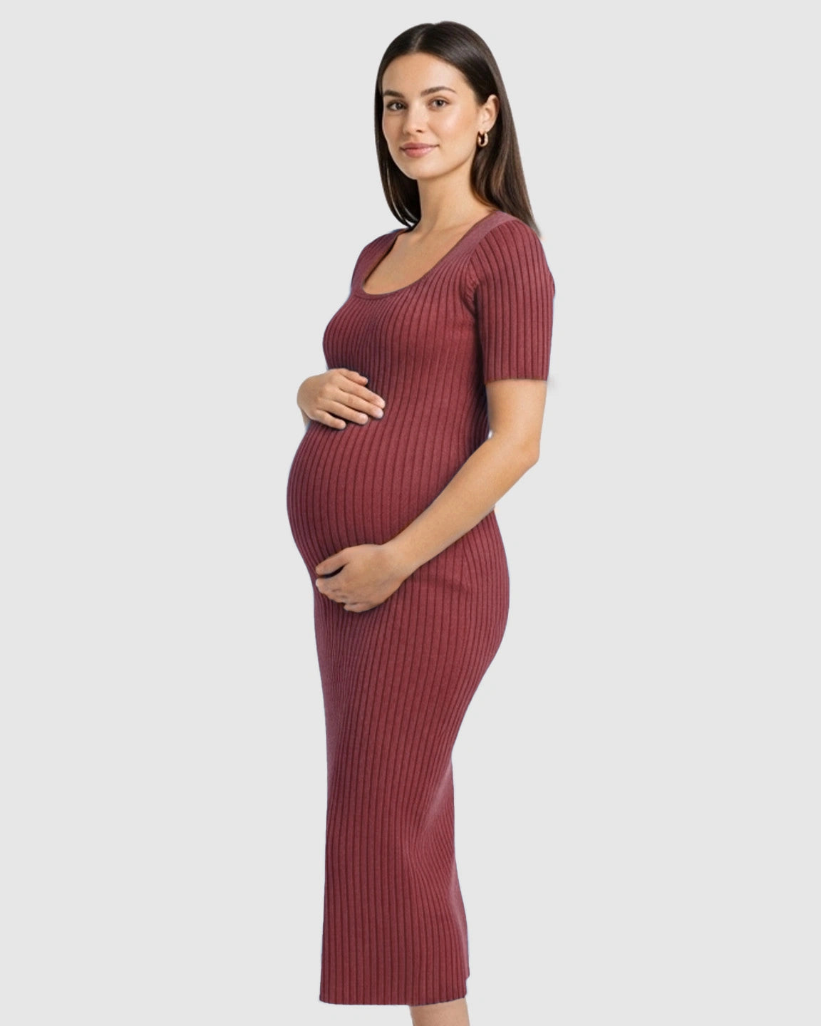 Ribbed Knit Square Neck Bodycon Maternity Midi Dress
