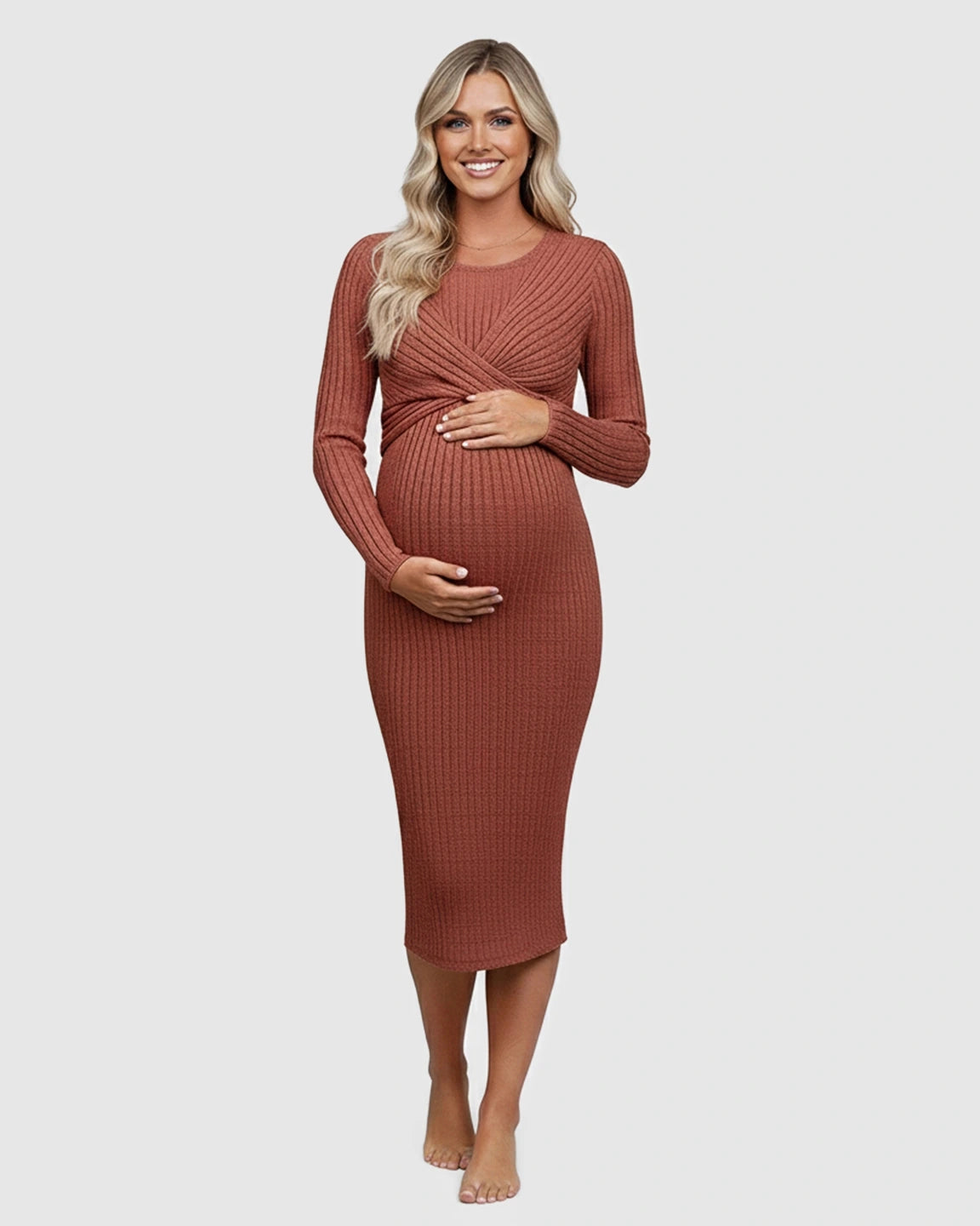 Knot Front Long Sleeve Maternity Midi Dress
