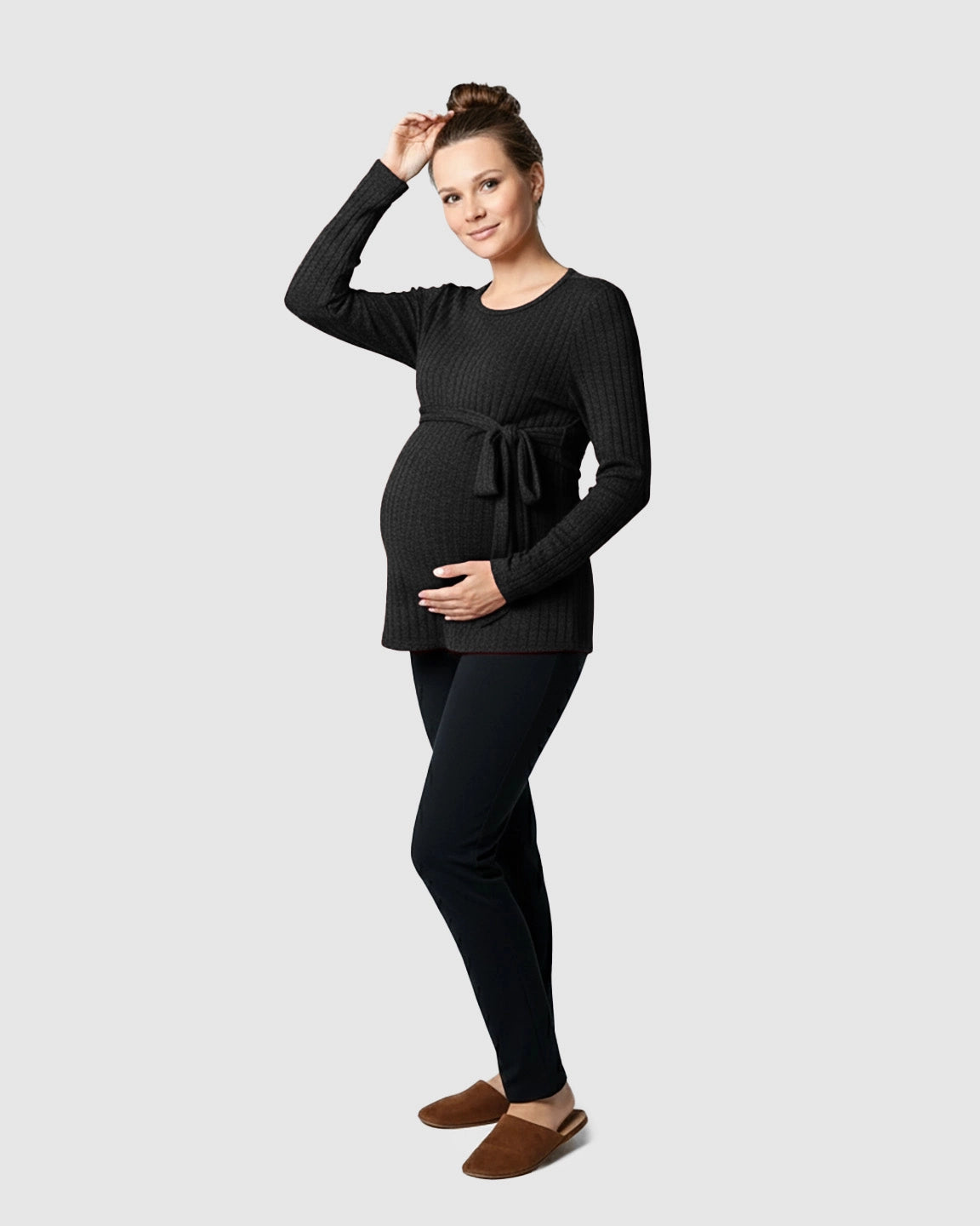 Ribbed Knit Tie-Waist Long Sleeve Maternity Top